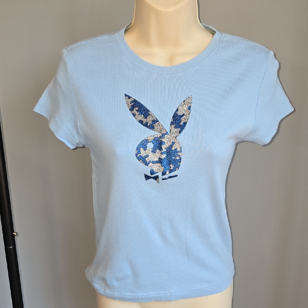PLAYBOY Light Blue Tee with Blue And Silver Camo BUNNY